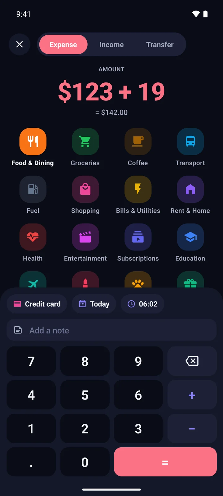 Adding an expense in dark mode