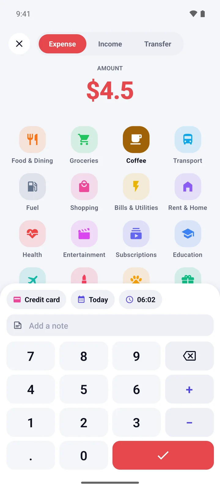 Adding a $4.50 coffee expense with the calculator keypad