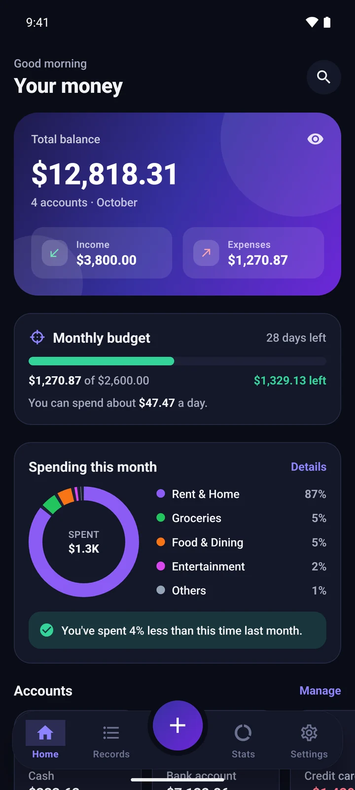 Home screen in dark mode