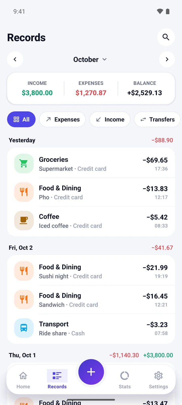 Records list grouped by day with income and expense totals